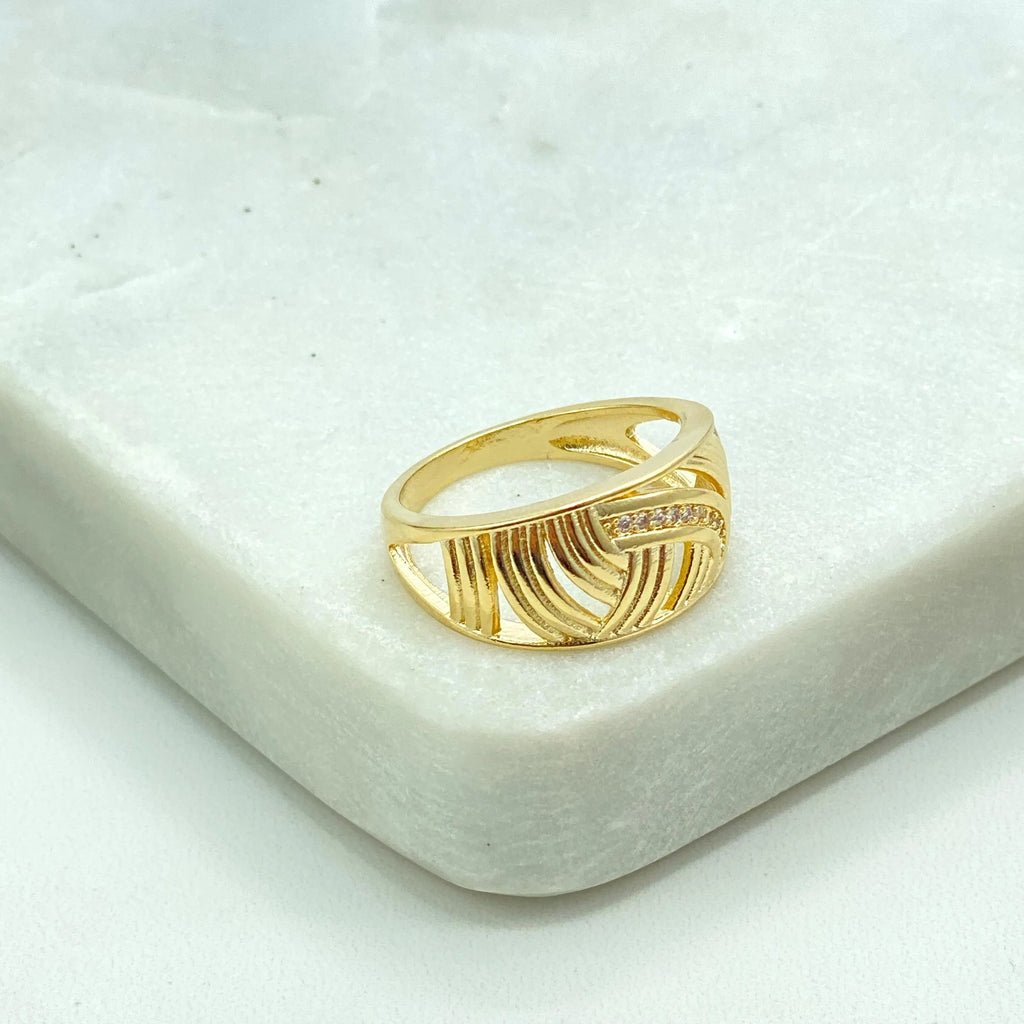 18k Gold Filled Wide Band Ring, Textured Striped CZ Ring, Elegant Statement Jewelry, Gift for Her