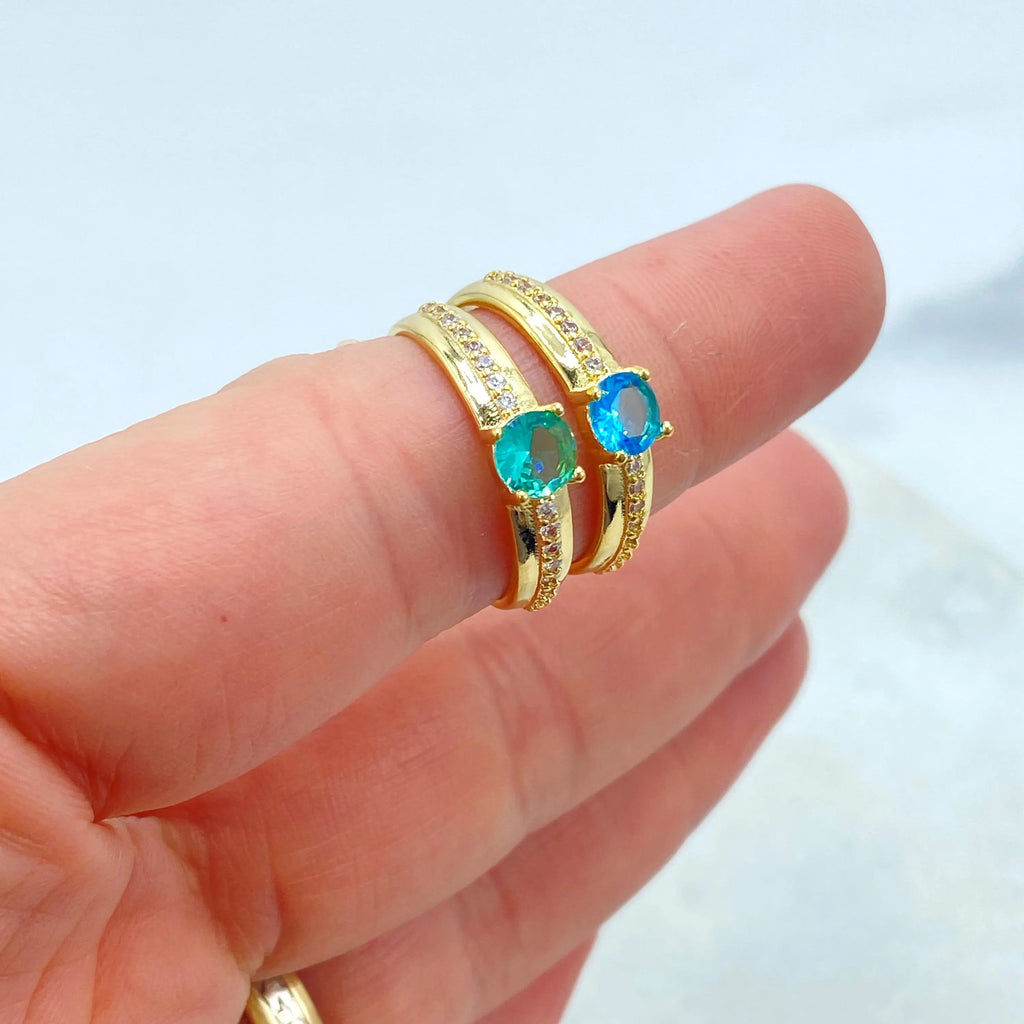 18k Gold Filled Ring with Blue or Green Stone, Micro CZ Band, Elegant Solitaire Design, Dainty Jewelry, Gift for Her