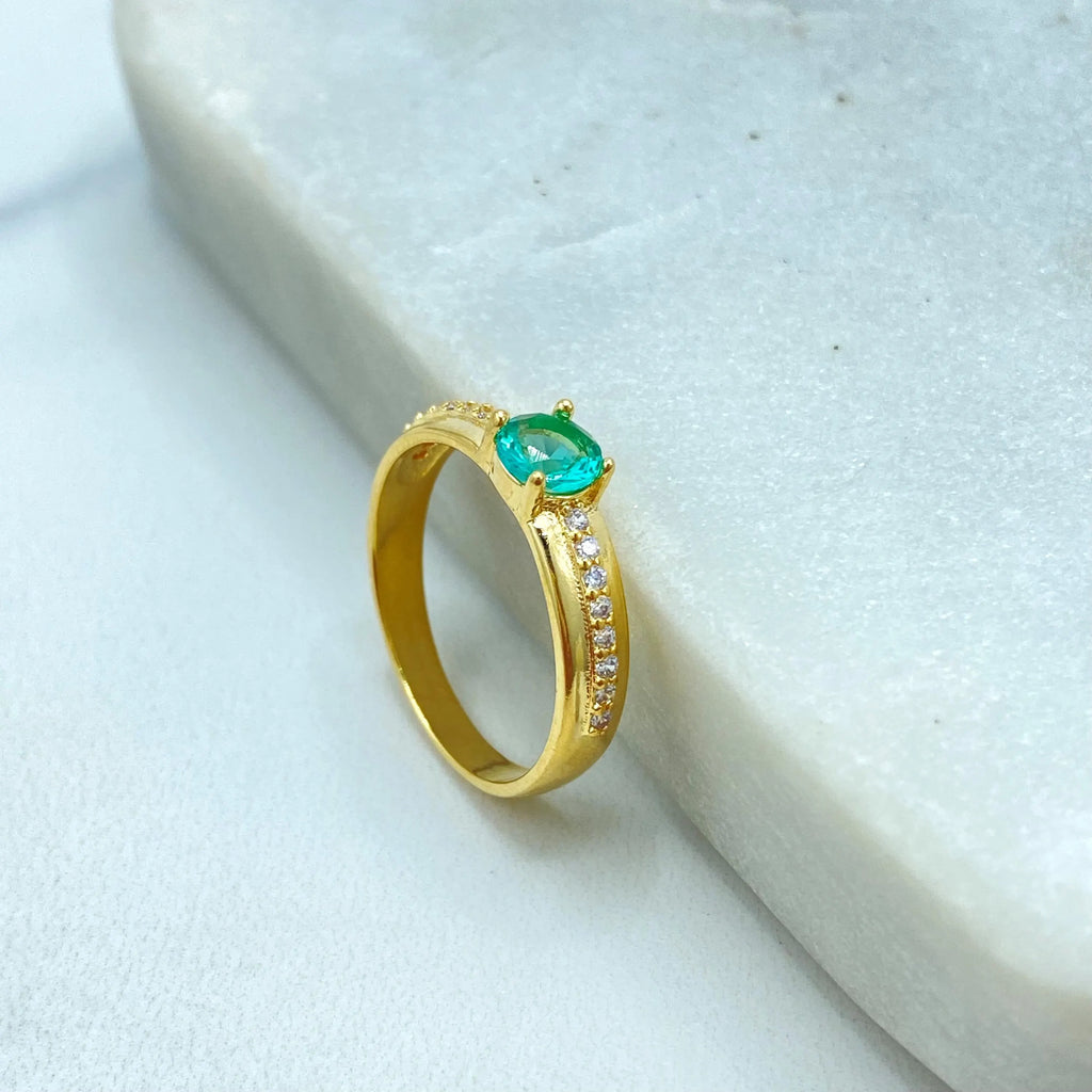 18k Gold Filled Ring with Blue or Green Stone, Micro CZ Band, Elegant Solitaire Design, Dainty Jewelry, Gift for Her