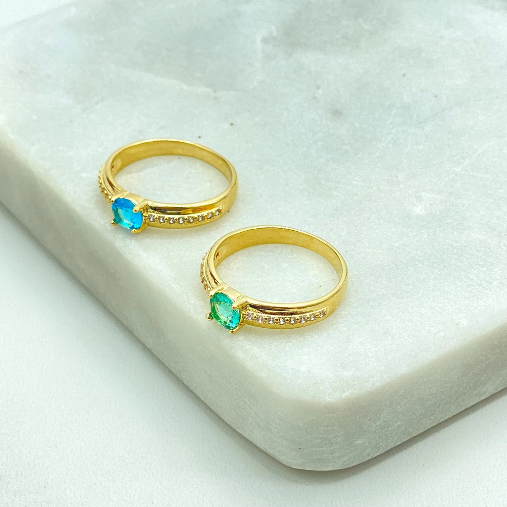 18k Gold Filled Ring with Blue or Green Stone, Micro CZ Band, Elegant Solitaire Design, Dainty Jewelry, Gift for Her