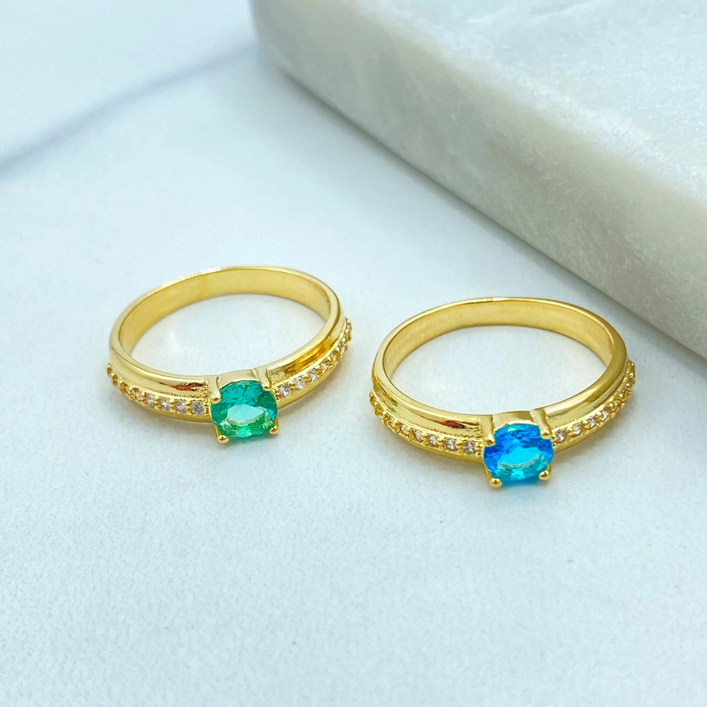18k Gold Filled Ring with Blue or Green Stone, Micro CZ Band, Elegant Solitaire Design, Dainty Jewelry, Gift for Her