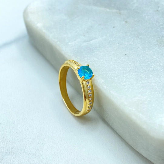 18k Gold Filled Ring with Blue or Green Stone, Micro CZ Band, Elegant Solitaire Design, Dainty Jewelry, Gift for Her