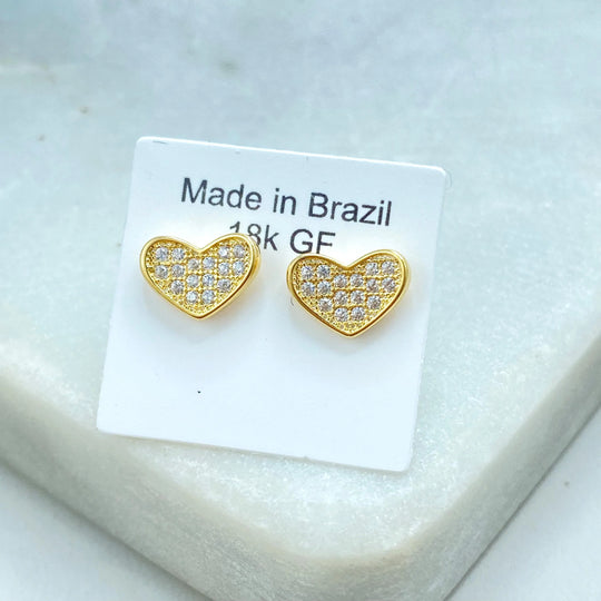 18k Gold Filled Micro Pave Heart Stud Earrings, White Micro CZ or Multicolor CZ Heart Stud Earrings, CZ Heart Stud