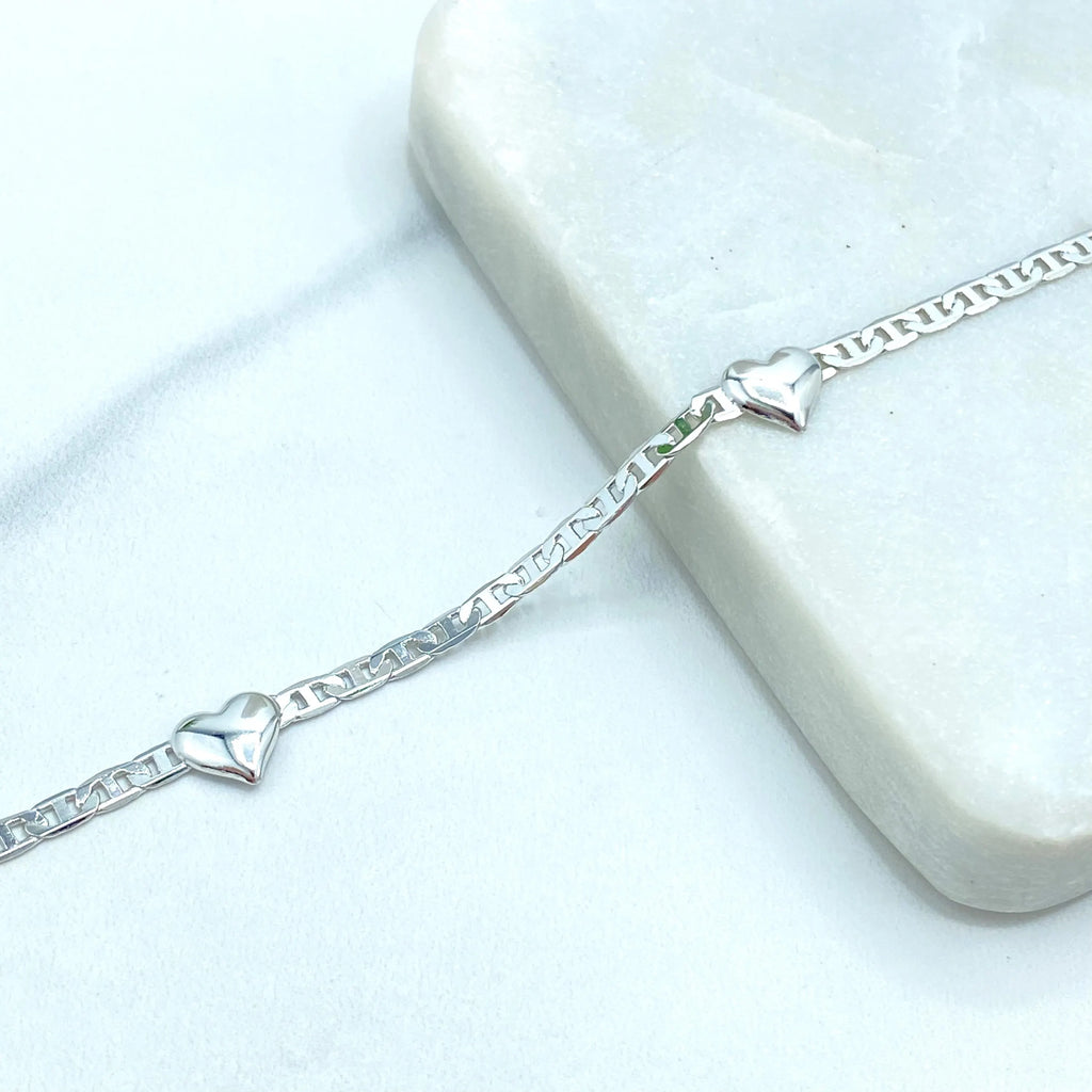 Silver Filled Anklet with Hearts, Mariner Link Chain Design with Hearts, Dainty Mariner Link Anklet, Gift for Her