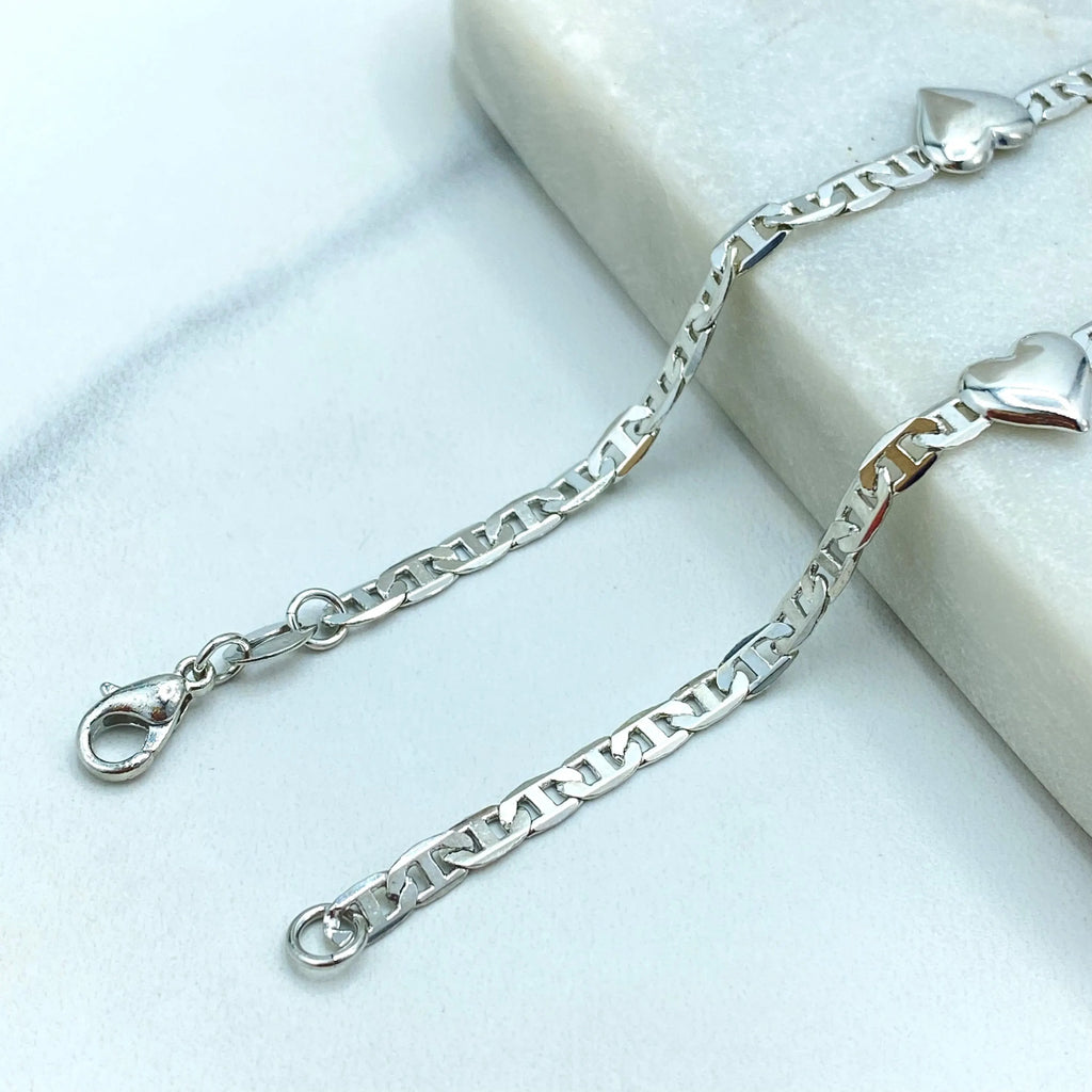 Silver Filled Anklet with Hearts, Mariner Link Chain Design with Hearts, Dainty Mariner Link Anklet, Gift for Her
