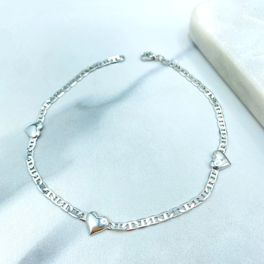 Silver Filled Anklet with Hearts, Mariner Link Chain Design with Hearts, Dainty Mariner Link Anklet, Gift for Her