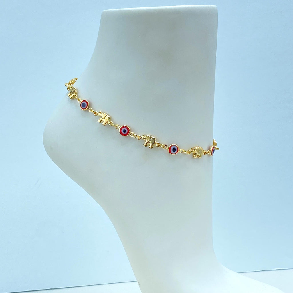 18k Gold Filled Linked Anklet, with Puffed Elephants and Red Evil Eye Charm, Luck and Protection Anklet, Summer Anklet