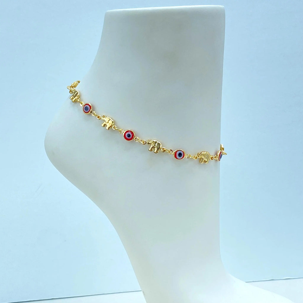 18k Gold Filled Linked Anklet, with Puffed Elephants and Red Evil Eye Charm, Luck and Protection Anklet, Summer Anklet