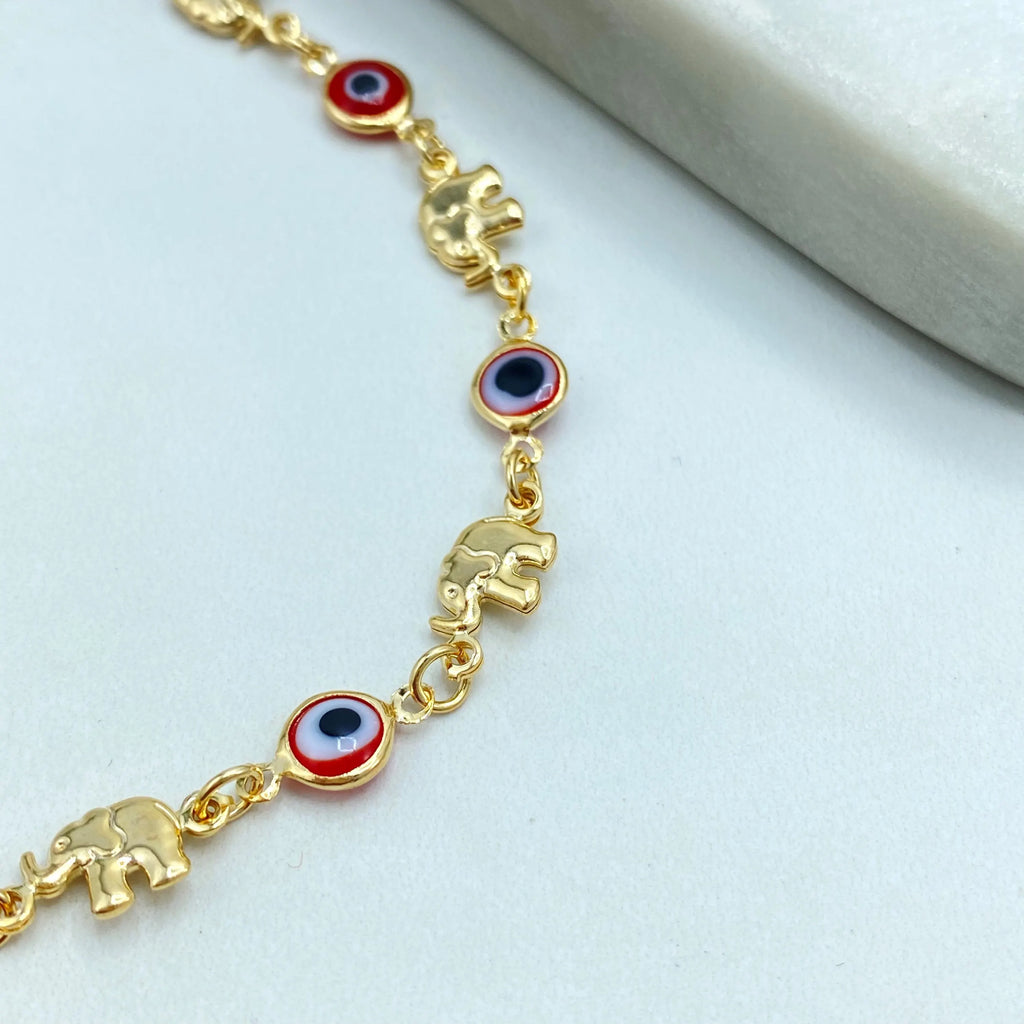 18k Gold Filled Linked Anklet, with Puffed Elephants and Red Evil Eye Charm, Luck and Protection Anklet, Summer Anklet