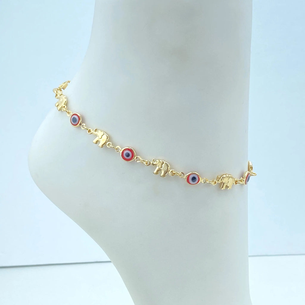 18k Gold Filled Linked Anklet, with Puffed Elephants and Red Evil Eye Charm, Luck and Protection Anklet, Summer Anklet