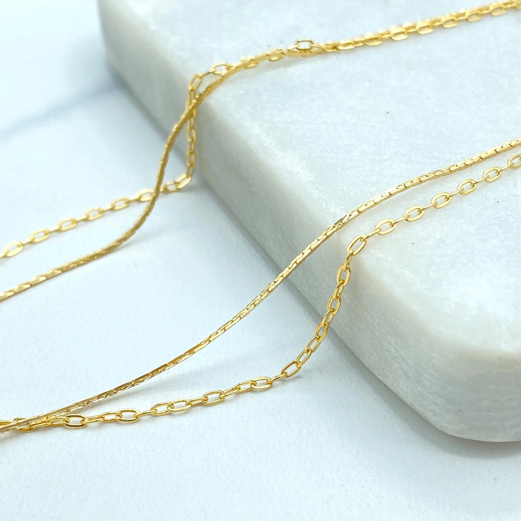 18k Gold Filled Double Layer Anklet, Geometric and Round Beads, Adjustable Anklet with Extender, Dainty Layered Anklet