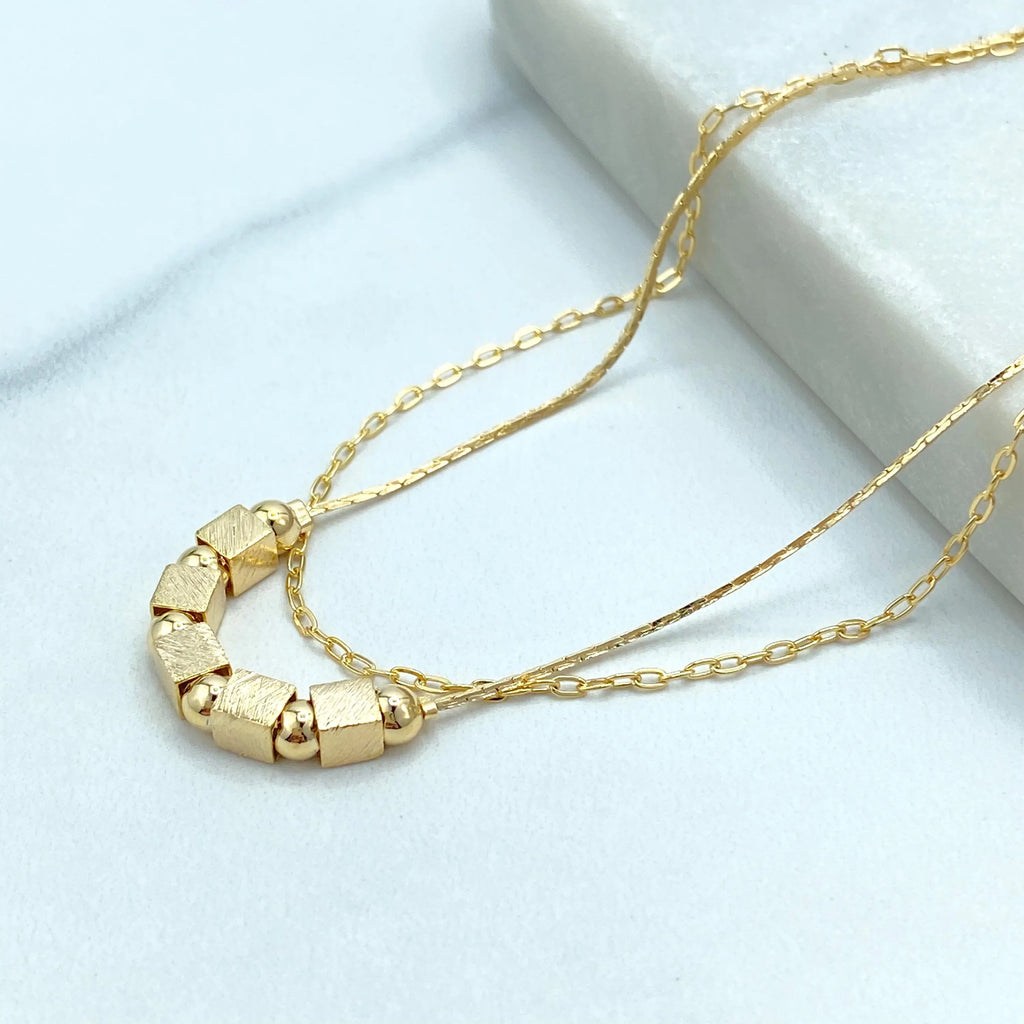 18k Gold Filled Double Layer Anklet, Geometric and Round Beads, Adjustable Anklet with Extender, Dainty Layered Anklet