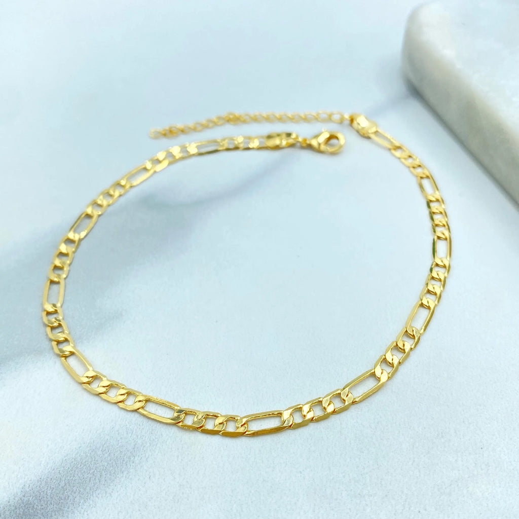 18k Gold Filled Figaro Chain Anklet, Adjustable Polished Gold Ankle Bracelet, Classic Unisex Jewelry, Gift for Her or Him