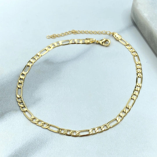 18k Gold Filled Figaro Chain Anklet, Adjustable Polished Gold Ankle Bracelet, Classic Unisex Jewelry, Gift for Her or Him