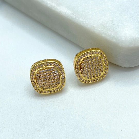 18k Gold Filled Square Pave Stud Earrings, Cushion Shape CZ Micro-Pave, Elegant Post Earrings, Lightweight Sparkle