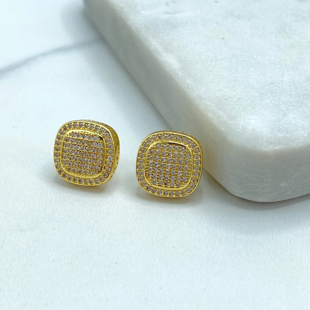 18k Gold Filled Square Pave Stud Earrings, Cushion Shape CZ Micro-Pave, Elegant Post Earrings, Lightweight Sparkle