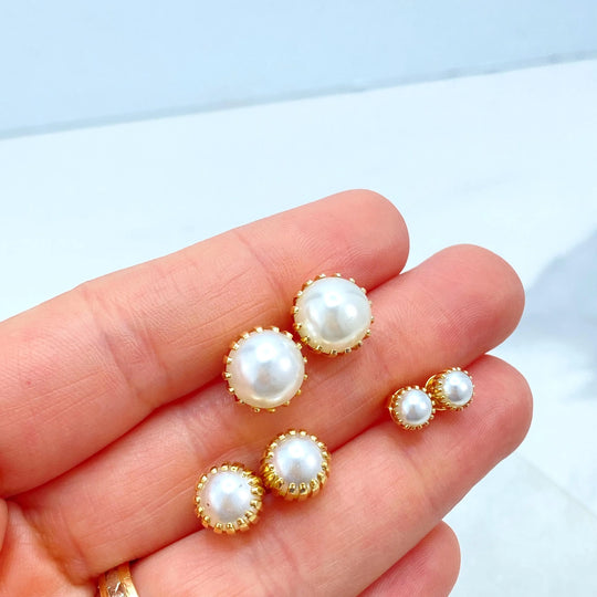 18k Gold Filled Pearl Stud Earrings, Available in S,M or L, Crown Setting Simulated Pearl Studs, Elegant Minimal Jewelry