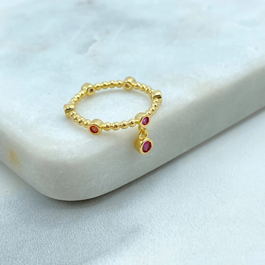 18K Gold Filled Beaded Stackable Ring with Multicolor CZ, Ball Band Ring with Dangling Pink CZ Charm