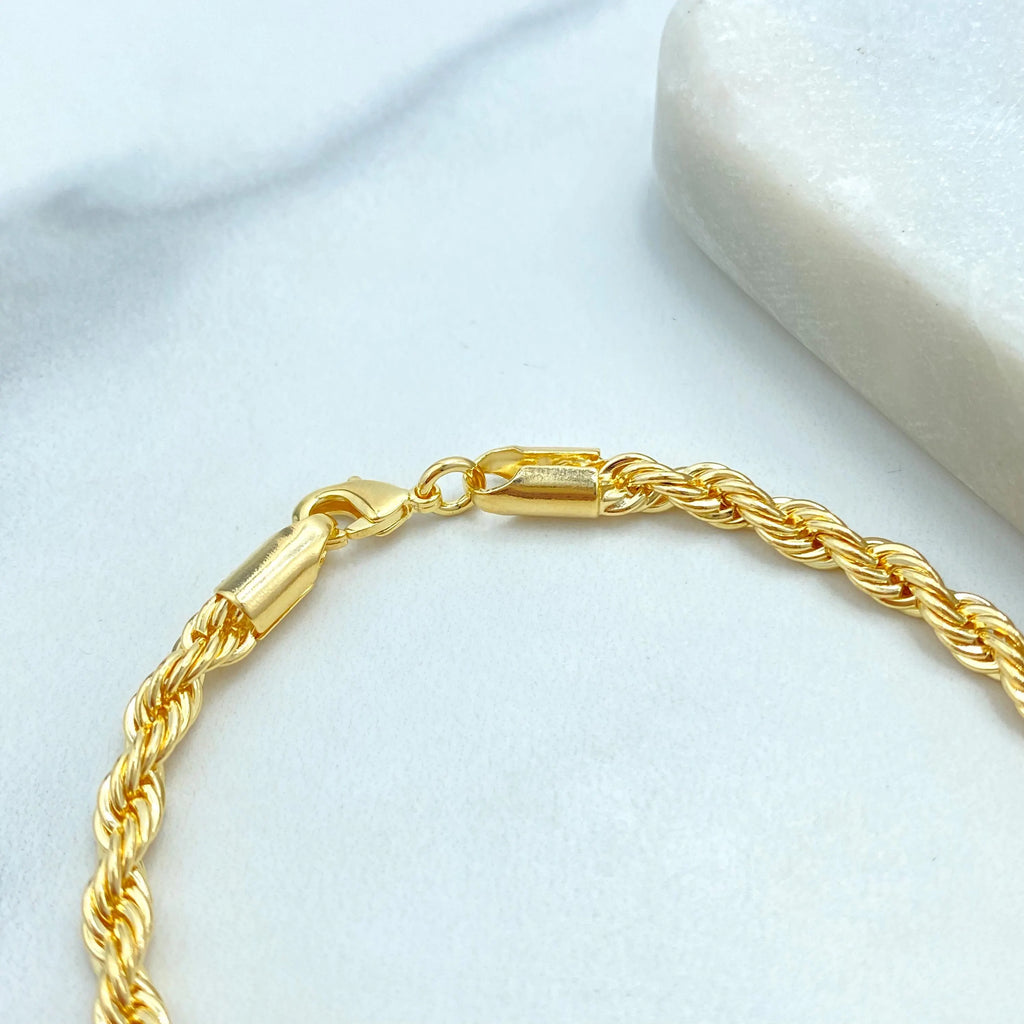 18k Gold Filled 4mm Rope Chain Bracelet, 7.5 Inch Dainty Rope Bracelet, Elegant Lobster Clasp, Gift for Her