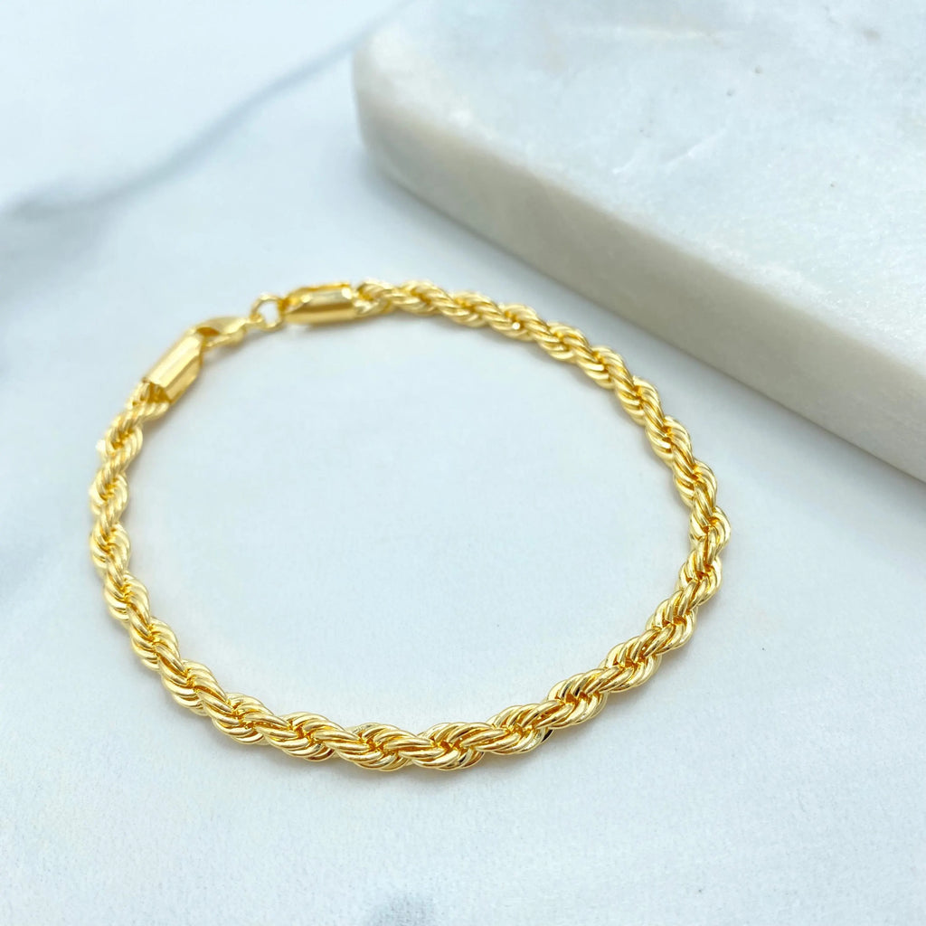 18k Gold Filled 4mm Rope Chain Bracelet, 7.5 Inch Dainty Rope Bracelet, Elegant Lobster Clasp, Gift for Her