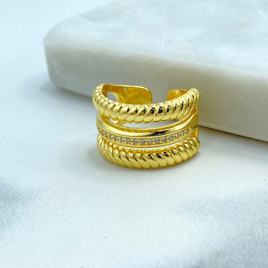 18K Gold Filled Triple Band Adjustable Ring, Rope Detail and CZ Accent, Bold Stack Look in One Ring