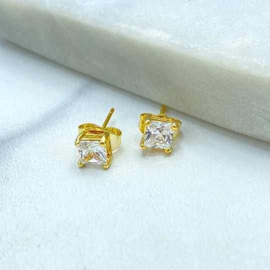 18k Gold Filled Princess Cut Stud Earrings, Square CZ Stone, Minimalist Sparkle Studs, Classic Gift for Her