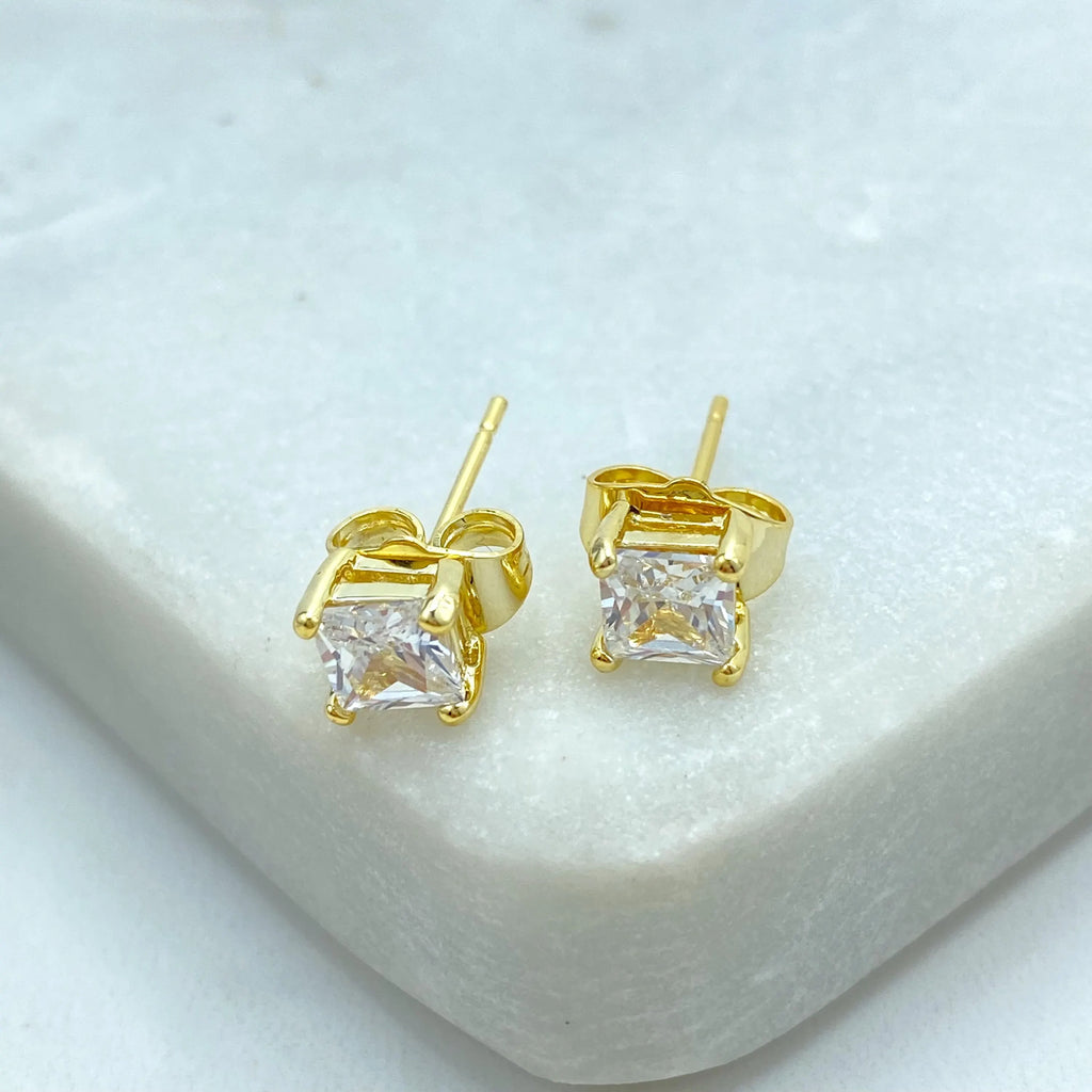 18k Gold Filled Princess Cut Stud Earrings, Square CZ Stone, Minimalist Sparkle Studs, Classic Gift for Her