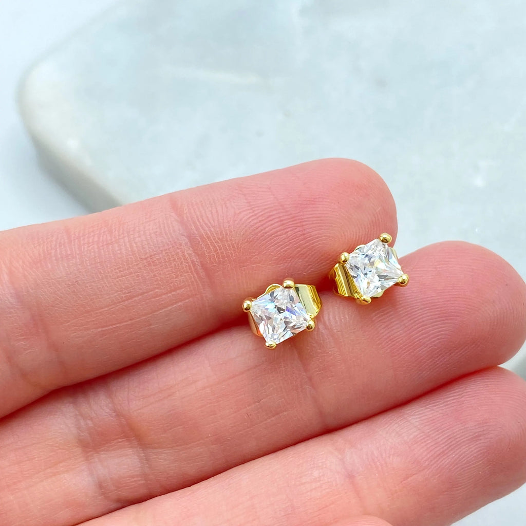 18k Gold Filled Princess Cut Stud Earrings, Square CZ Stone, Minimalist Sparkle Studs, Classic Gift for Her