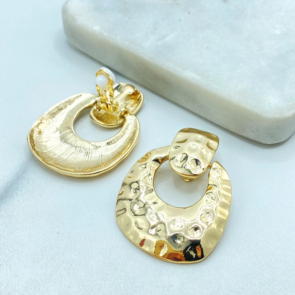 18k Gold Filled Hammered Gold Clip-On Earrings, Bold Statement Earrings No Piercing, Retro Press-On Earrings, Lightweight Vintage Style