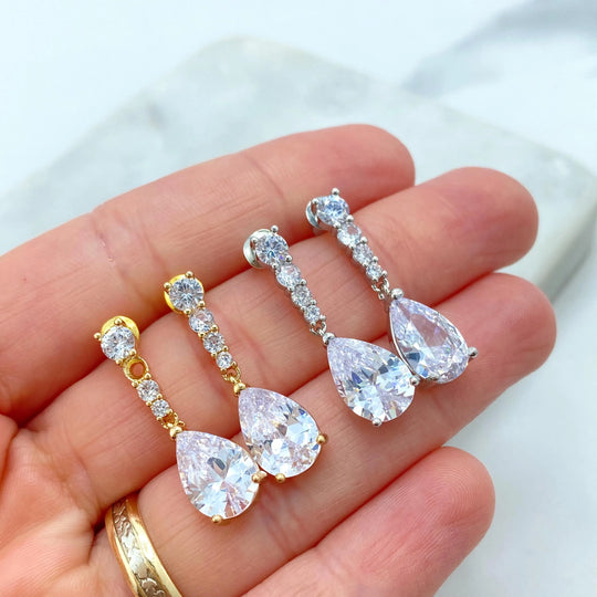 18k Gold Filled or Silver Filled CZ Drop Earrings, Teardrop and Round Cubic Zirconia Earrings, Bridal Wedding Earrings