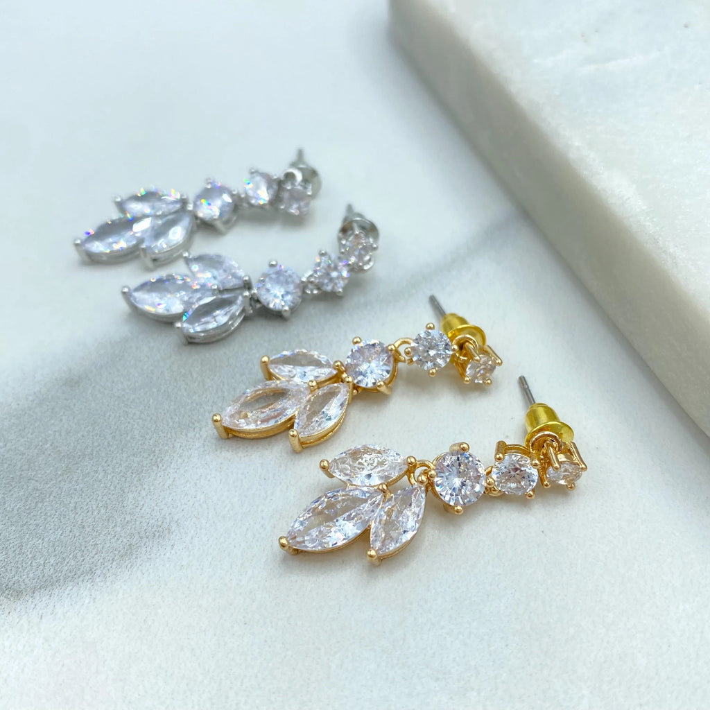 18k Gold Filled or Silver Filled CZ Leaf Drop Earrings, Marquise and Round Stones Earrings, Elegant Wedding Jewelr