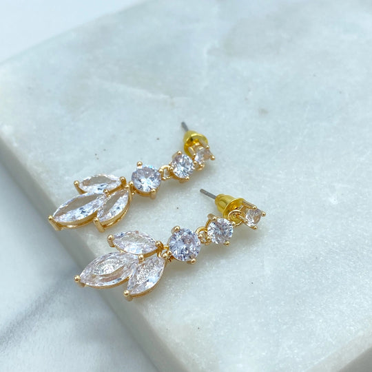 18k Gold Filled or Silver Filled CZ Leaf Drop Earrings, Marquise and Round Stones Earrings, Elegant Wedding Jewelr