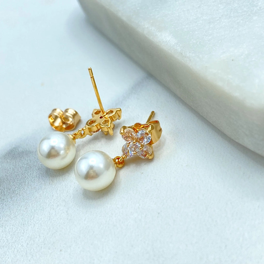 18k Gold Filled Flower Pearl Drop Earrings, CZ Floral Stud with Simulated Pearl Earrings, Romantic Earrings