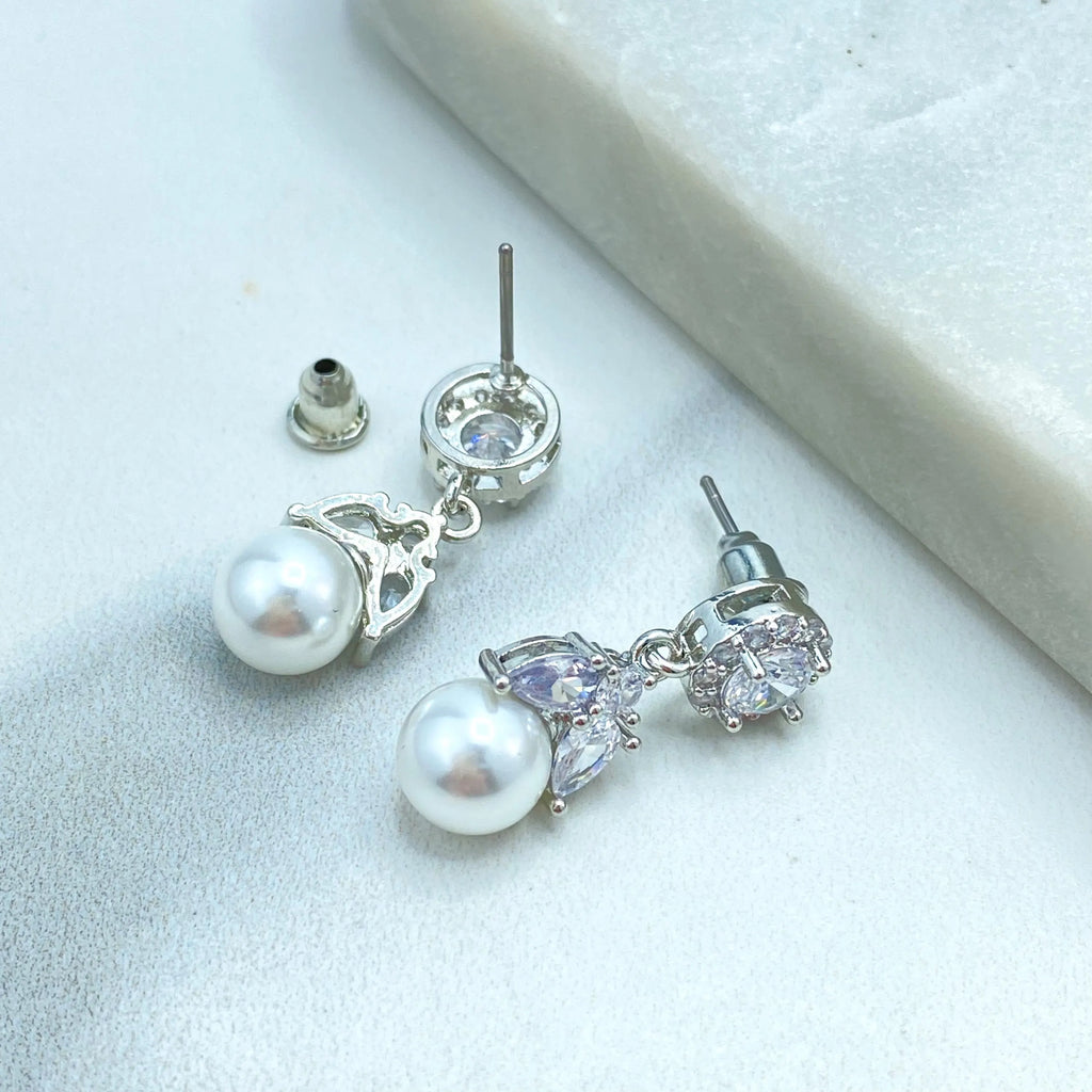 Silver Filled Pearl Drop Earrings, CZ Halo and Marquise Design Earrings, Elegant Bridal Jewelry, Gift for Her