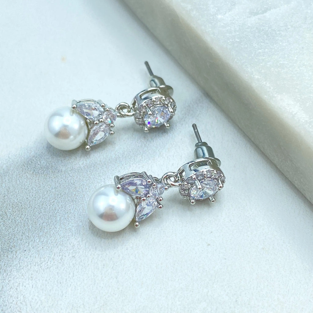 Silver Filled Pearl Drop Earrings, CZ Halo and Marquise Design Earrings, Elegant Bridal Jewelry, Gift for Her