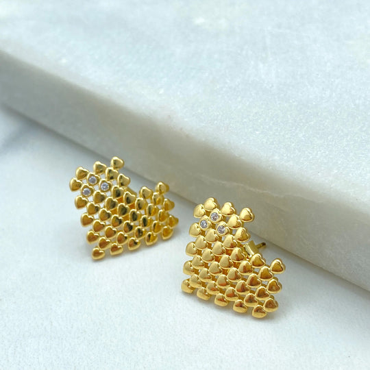 18k Gold Filled Pixel Heart Stud Earrings, Gold Mini Hearts with CZ Accents, Modern Love Earrings
