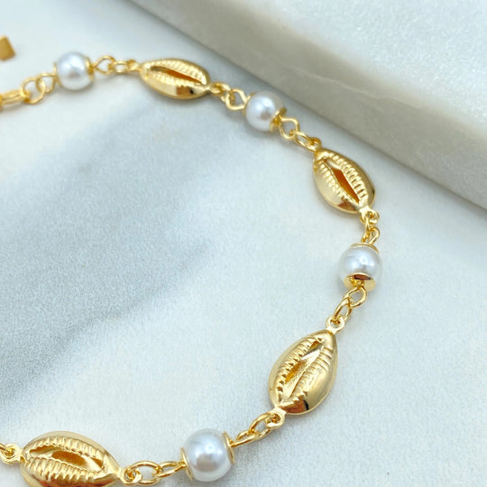 18k Gold Filled Cowrie Shell, Simulated Pearl and Clamshell Linked Charms Bracelet, 7.5 Inches Long with Extender