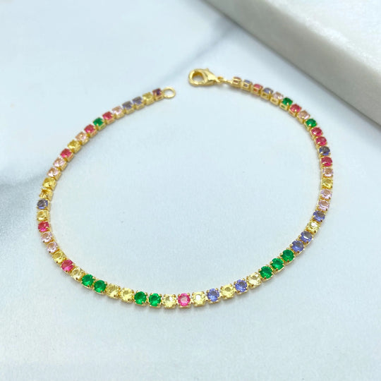 18k Gold Filled Rainbow Tennis Bracelet, Multicolor CZ Stones, Dainty Colorful Jewelry, Gift for Her, Stackable Bracelet