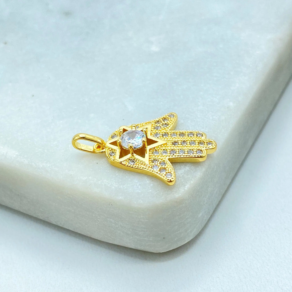 18k Gold Filled Hamsa Hand Pendant with Star and Micro CZ, Small Hand of Fatima Charm, Protection Amulet, DIY Jewelry