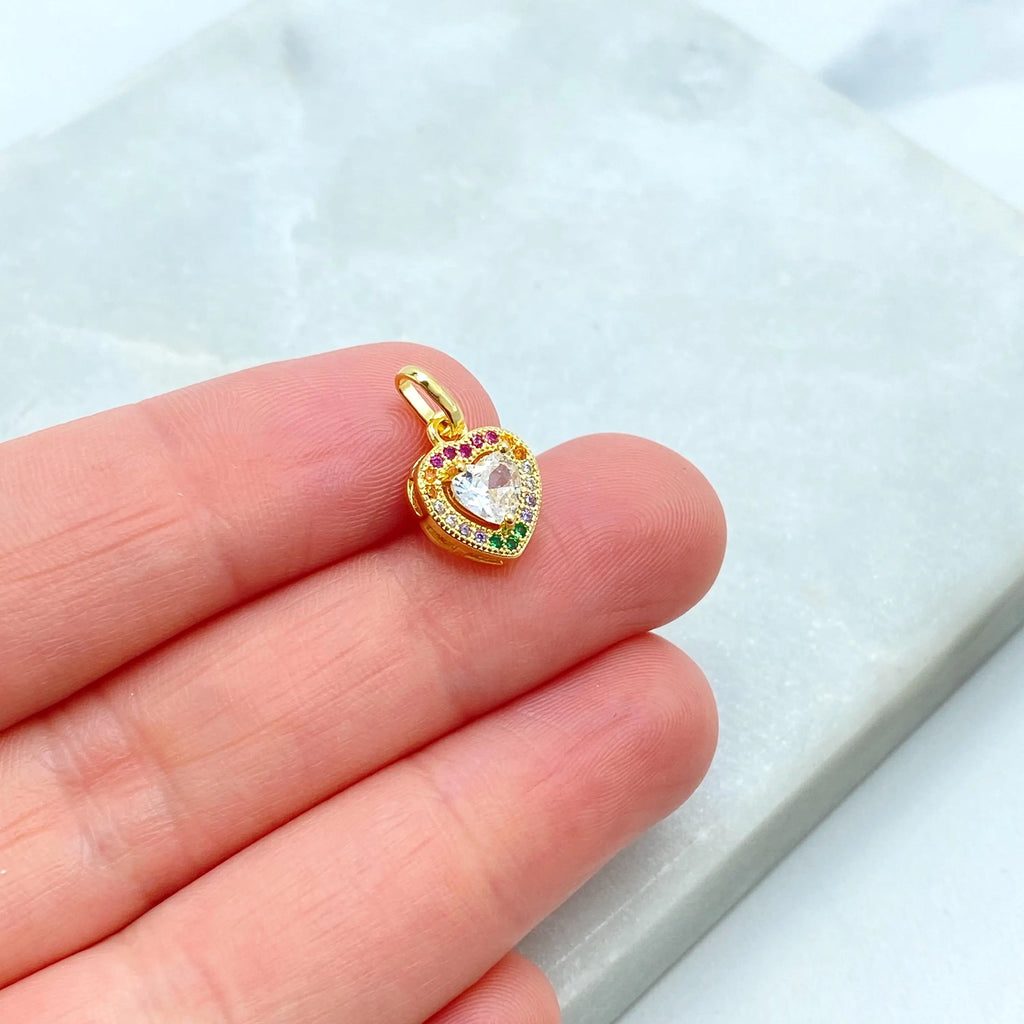 18k Gold Filled Small Heart Charm, Micro CZ Multicolor Stones, Rainbow Heart Pendant, Dainty Charm for Necklace