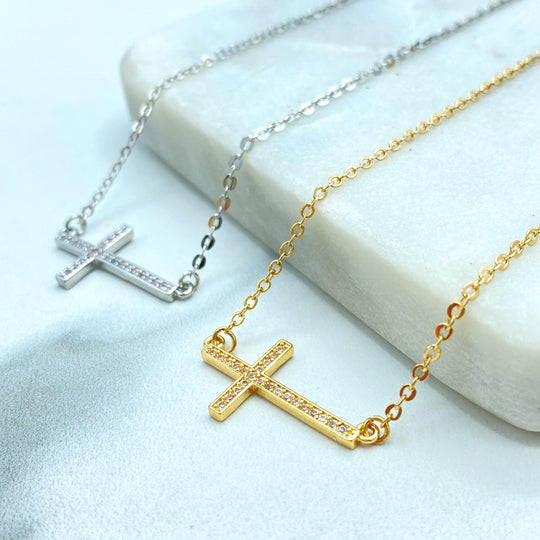 Gold or Silver Stainless Steel Cross Necklace, with Cubic Zirconia, Faith Minimalist Jewelry, Christian Necklace