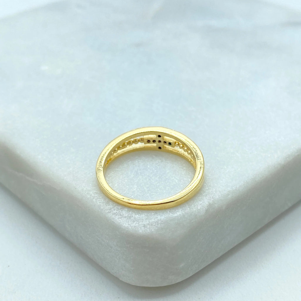 18k Gold Filled Cross Ring, Gold Simulated Layered Ring, with Black Micro Cubic Zirconia, Religious Cross Ring