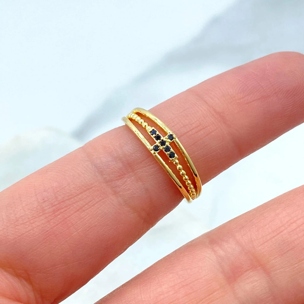 18k Gold Filled Cross Ring, Gold Simulated Layered Ring, with Black Micro Cubic Zirconia, Religious Cross Ring