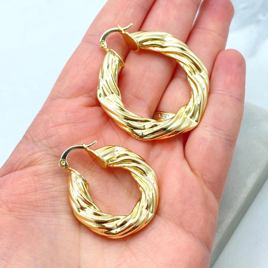18k Gold Filled Twisted Hoop Earrings, Two Sizes M or L, Bold Sculpted Hoops, Vintage Inspired Gold Earrings
