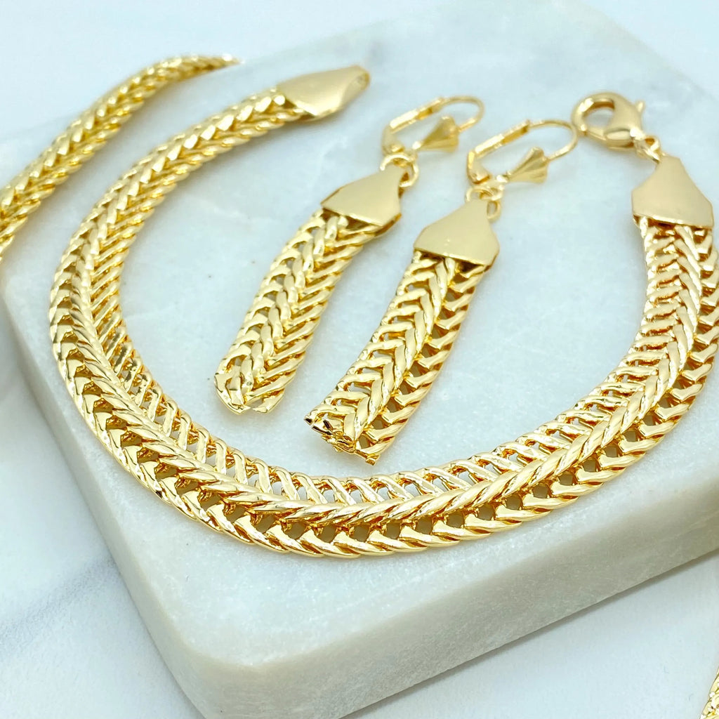 18k Gold Filled Herringbone Chain Jewelry Set, Necklace Bracelet and Earrings, Flat Polished Gold Design