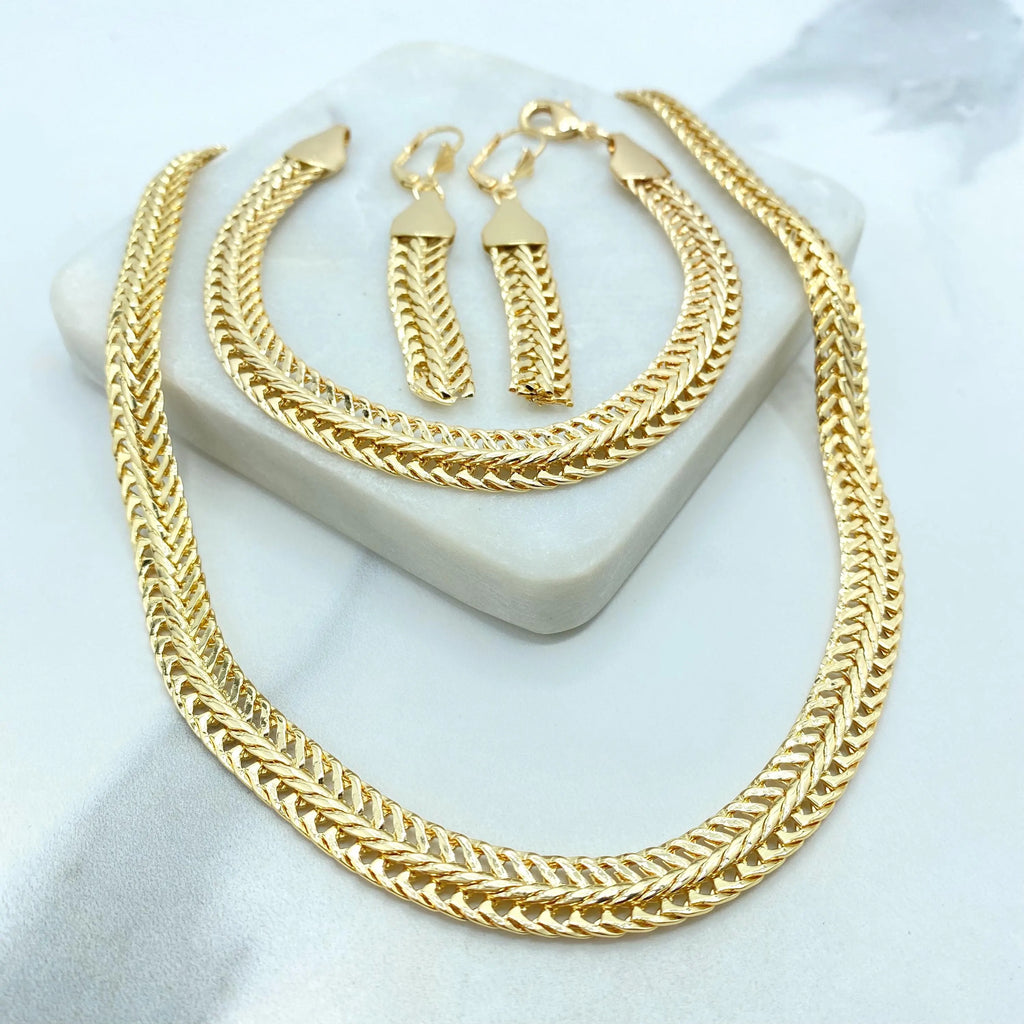 18k Gold Filled Herringbone Chain Jewelry Set, Necklace Bracelet and Earrings, Flat Polished Gold Design