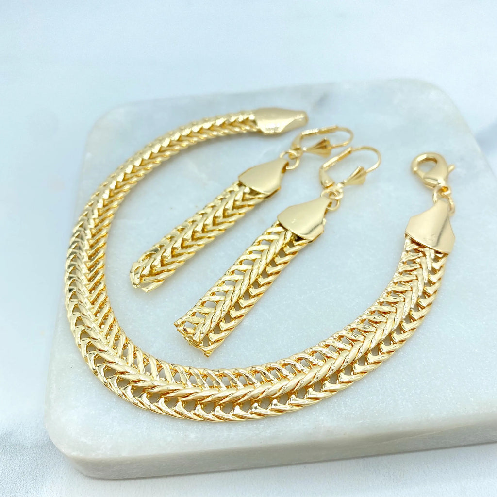 18k Gold Filled Herringbone Chain Jewelry Set, Necklace Bracelet and Earrings, Flat Polished Gold Design