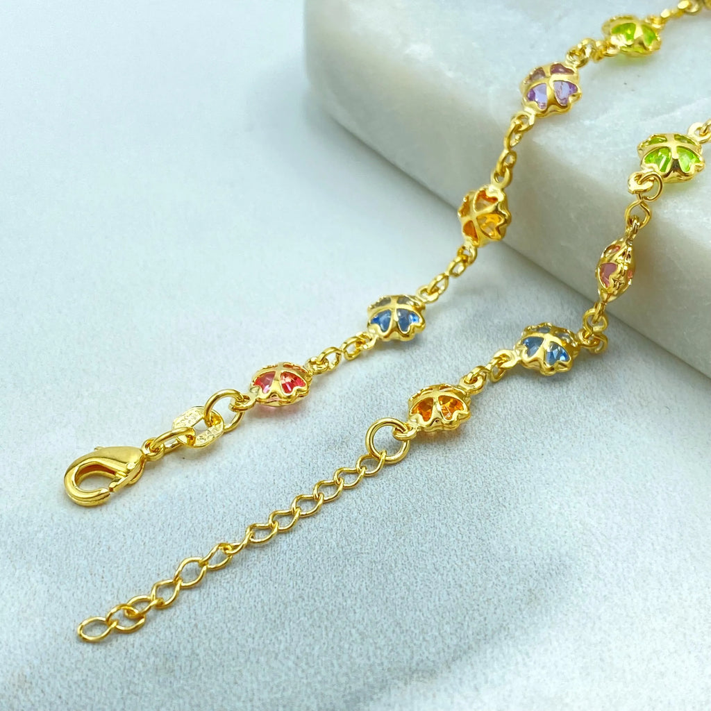 18k Gold Filled Multicolor Crystal Clover Charm Bracelet, with Extender, Linked Clover Bracelet, Colored Clover Bracelet
