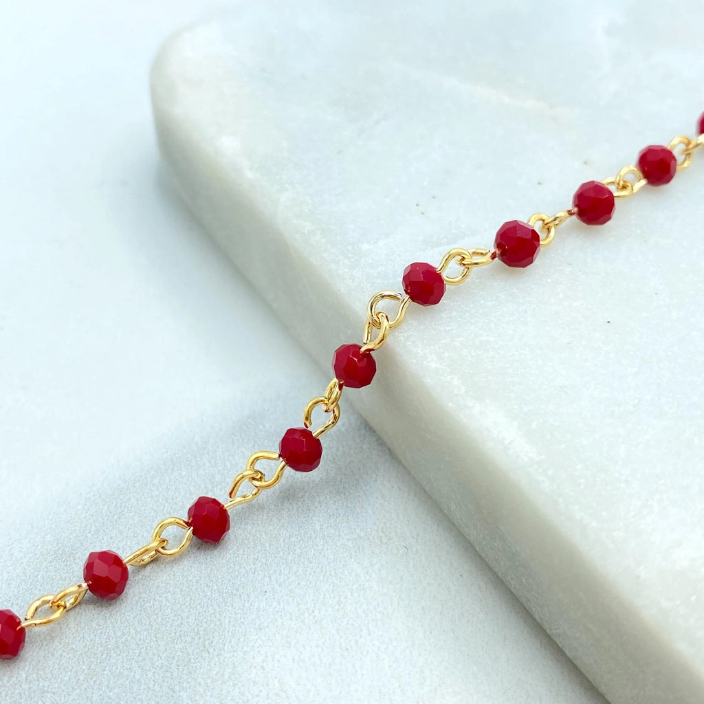 18k Gold Filled Chain with Red Faceted Beads, Dainty Red Beaded Bracelet, Bracelet with Extender