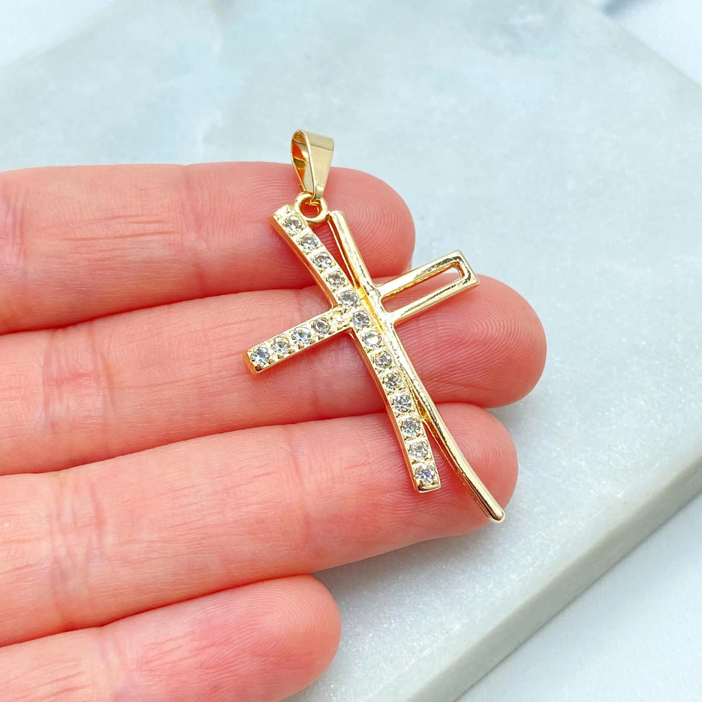 18k Gold Filled Modern Cross Pendant with CZ, Christian Jewelry, Curved Elegant Cross Charm, CZ Cross Pendant